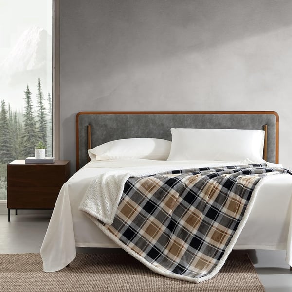 Eddie Bauer  Throw Blanket Super Soft Reversible Sherpa Fleece Bedding Ideal Christmas ampamp White Elephant Gifts Cozy Plaid Home Decor Fair Isle Peak ThrowRugged Plaid Beige