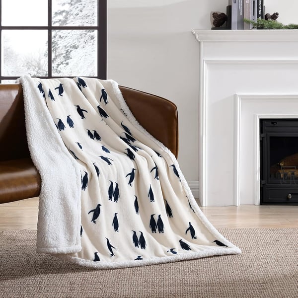 Eddie Bauer  Throw Blanket Super Soft Reversible Sherpa Fleece Bedding Ideal Christmas ampamp White Elephant Gifts Cozy Plaid Home Decor Fair Isle Peak ThrowEmperor Penguin Navy Blue