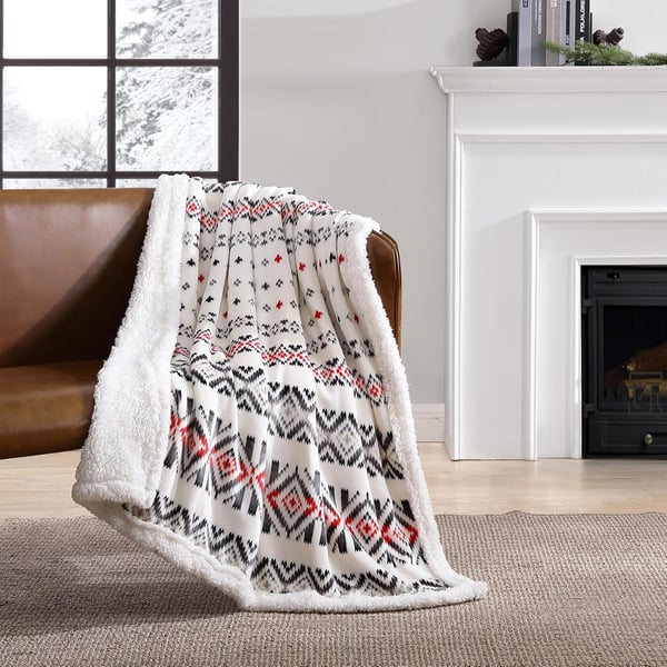 Eddie Bauer  Throw Blanket Super Soft Reversible Sherpa Fleece Bedding Ideal Christmas ampamp White Elephant Gifts Cozy Plaid Home Decor Fair Isle Peak ThrowMountain Village RedNavyGrey