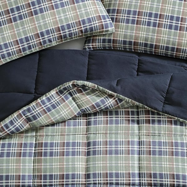 Eddie Bauer King Comforter Set Reversible Microsuede Bedding with Matching Shams Casual Home Decor Rugged Plaid Brown KingRugged Navy