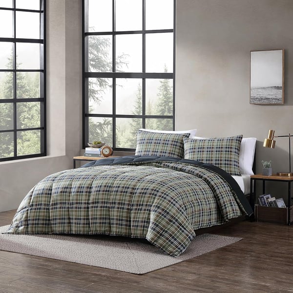 Eddie Bauer King Comforter Set Reversible Microsuede Bedding with Matching Shams Casual Home Decor Rugged Plaid Brown KingRugged Navy