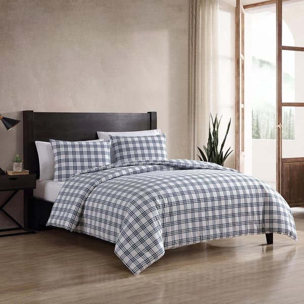 Eddie Bauer King Duvet Cover Set Cotton Bedding Set with Matching Shams Casual Home Dcor Ticking Stripe Navy KingBasic Plaid Navy