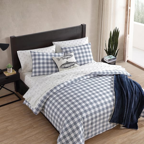 Eddie Bauer King Duvet Cover Set Cotton Bedding Set with Matching Shams Casual Home Dcor Ticking Stripe Navy KingBasic Plaid Navy