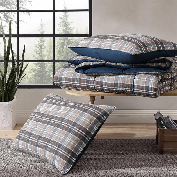 Eddie Bauer Twin Comforter Set Reversible Microsuede Bedding with Matching Shams Casual Home Decor Rugged Plaid Brown TwinRugged Plaid Brown Queen