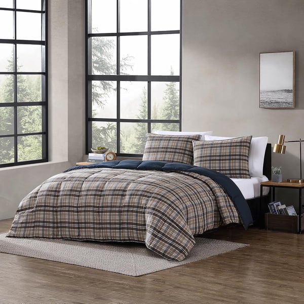 Eddie Bauer Twin Comforter Set Reversible Microsuede Bedding with Matching Shams Casual Home Decor Rugged Plaid Brown TwinRugged Plaid Brown Queen