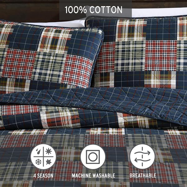 Eddie Bauer Twin Quilt Set Cotton Reversible Bedding Set All Season Lodge Home Dcor Madrona Plaid Navy TwinMadrona NavyRed King