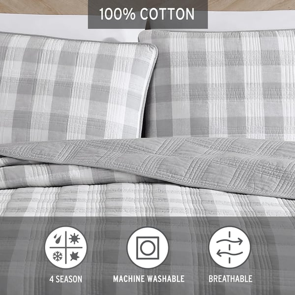 Eddie Bauer Twin Quilt Set Cotton Reversible Bedding with Matching Sham Home Decor for All Seasons Lakehouse Plaid Light Grey TwinKing Light Grey