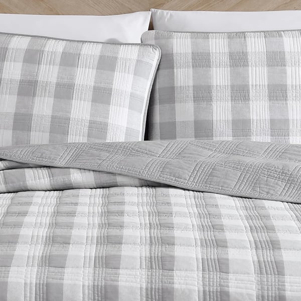 Eddie Bauer Twin Quilt Set Cotton Reversible Bedding with Matching Sham Home Decor for All Seasons Lakehouse Plaid Light Grey TwinKing Light Grey