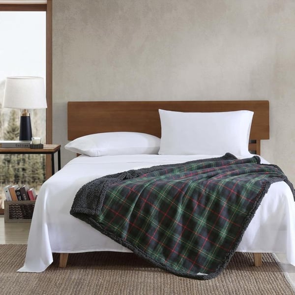 Eddie Bauer  Throw Blanket Cotton Flannel Home Decor All Season Reversible Sherpa Bedding Winslow Charcoal ThrowPine Tartan RedGreenCharcoal