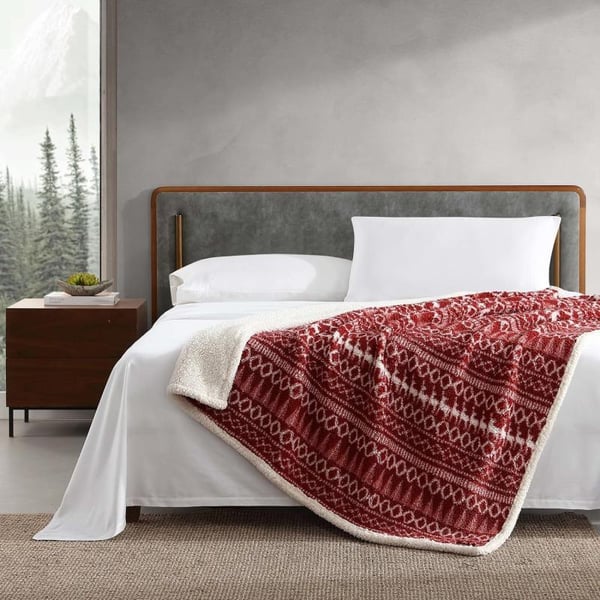 Eddie Bauer  Throw Blanket Reversible Sherpa Bedding Warm amp Lightweight Home Decor for Colder Months Alpine Fair Isle ThrowAlpine Fair Isle RedWhite Throw