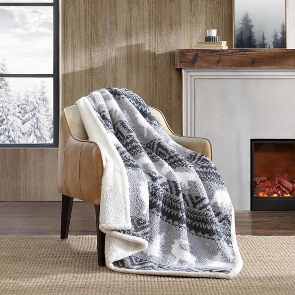 Eddie Bauer  Throw Blanket Reversible Sherpa Bedding Warm amp Lightweight Home Decor for Colder Months Alpine Fair Isle ThrowWoodland Fair Isle GreyWhite Throw