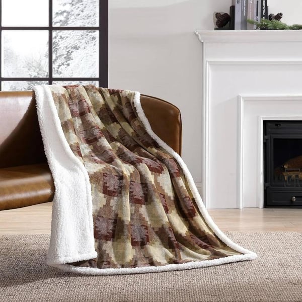 Eddie Bauer  Throw Blanket Reversible Sherpa Fleece Bedding Home Decor for All Seasons Bunkhouse Plaid Beige ThrowCopper Creek Brown