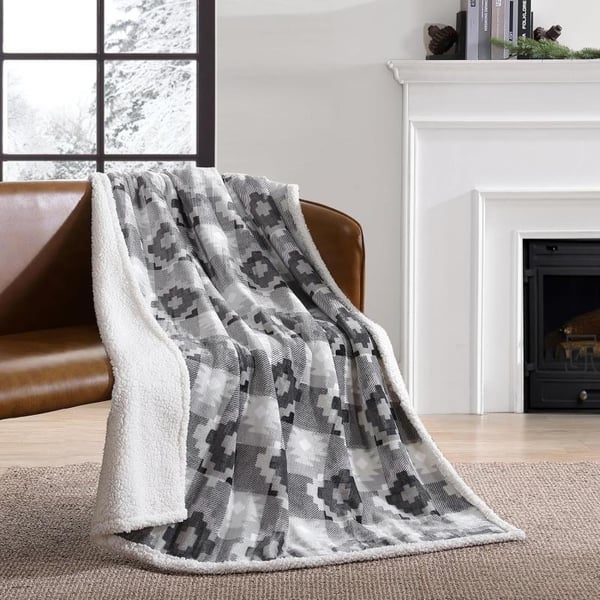 Eddie Bauer  Throw Blanket Reversible Sherpa Fleece Bedding Home Decor for All Seasons Bunkhouse Plaid Beige ThrowCopper Creek GreyWhite