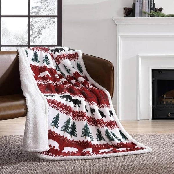 Eddie Bauer  Throw Blanket Reversible Sherpa Fleece Bedding Home Decor for All Seasons Bunkhouse Plaid Beige ThrowGrizzly Peak RedWhiteGreen