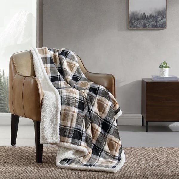 Eddie Bauer  Throw Blanket Reversible Sherpa Fleece Bedding Home Decor for All Seasons Bunkhouse Plaid Beige ThrowRugged Plaid Beige