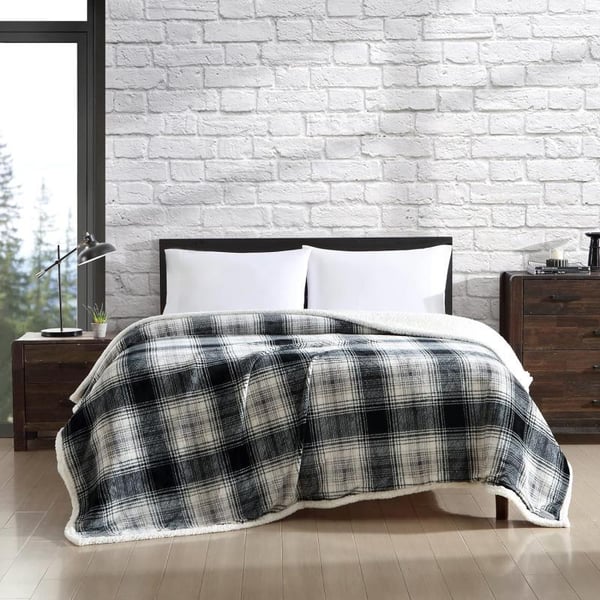 Eddie Bauer  Twin Blanket Reversible Sherpa Fleece Bedding Soft amp Cozy Home Decor Mountain Village Red TwinVail Plaid GreyIvory Queen