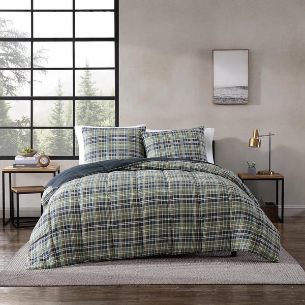 Eddie Bauer King Comforter Set Reversible Microsuede Bedding with Matching Shams Casual Home Decor Rugged Plaid Brown KingRugged Navy