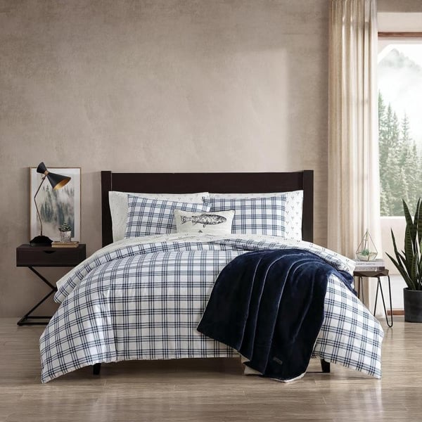 Eddie Bauer King Duvet Cover Set Cotton Bedding Set with Matching Shams Casual Home Dcor Ticking Stripe Navy KingBasic Plaid Navy