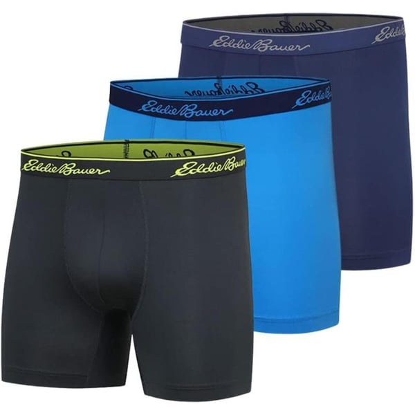 Eddie Bauer Mens 5 No Fly Performance Boxer Brief Underwear 3 Pack or 4 PackBrushed BlackAscent BlueIndigo