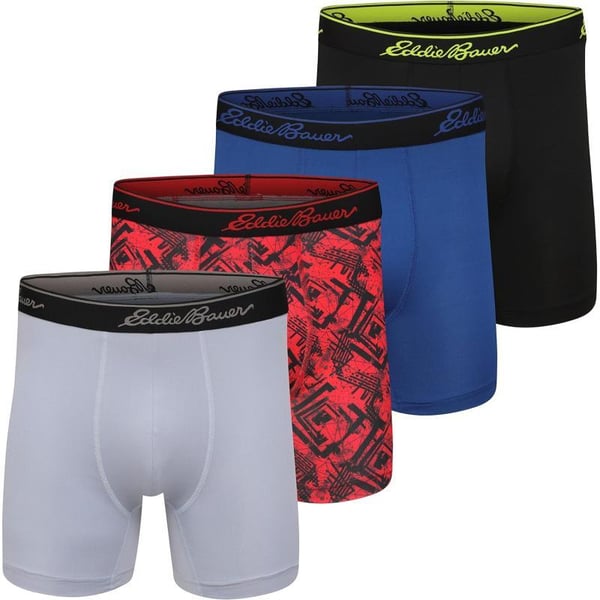 Eddie Bauer Mens 5 No Fly Performance Boxer Brief Underwear 3 Pack or 4 PackBrushed BlackTre BlueSalsa ZzBlue Smoke