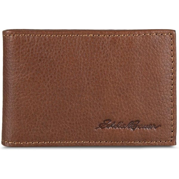 Eddie Bauer Mens Signature Logo Leather Bifold Money Clip Wallet with 3 Card Slots and RFID ProtectionTan