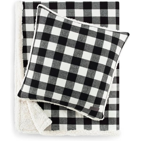 Eddie Bauer Throw Blanket with Pillow Reversible FlannelSherpa Bedding Buffalo Plaid Home Decor for All Seasons 2 Piece Set BlackWhite CheckBlackWhite Check