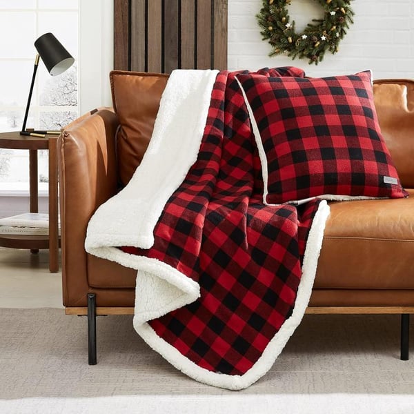 Eddie Bauer Throw Blanket with Pillow Reversible FlannelSherpa Bedding Buffalo Plaid Home Decor for All Seasons 2 Piece Set BlackWhite CheckRedBlack Check