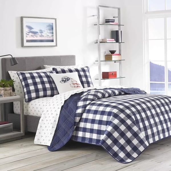 imageEddie Bauer Twin Quilt Set Cotton Reversible Bedding with Matching Sham Home Decor for All Seasons Lakehouse Plaid Blue Twin