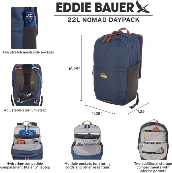 imageEddie Bauer Nomad Backpack with Compression Straps and HydrationLaptop Compatible Sleeve Carbon 22LDusted Indigo