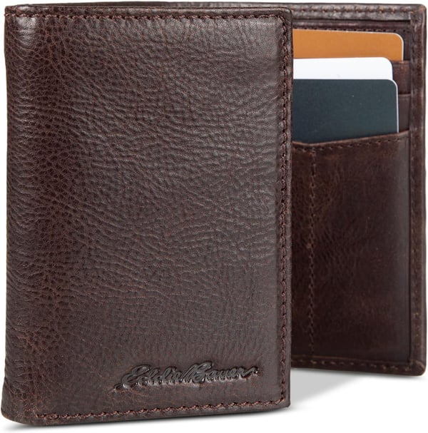 Eddie Bauer Mens Signature Logo Leather Trifold Wallet with 6 Card Slots and RFID ProtectionBrown