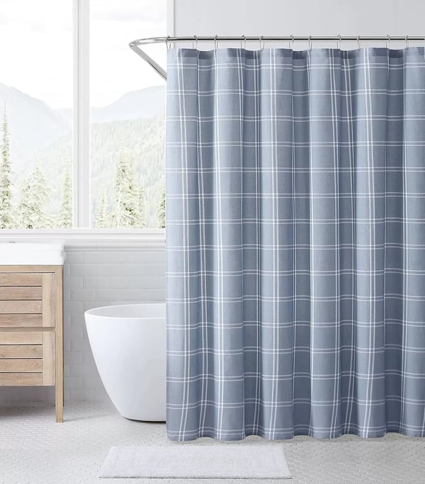 imageEddie Bauer  Shower Curtain Lightweight Cotton Bathroom Decor Buttonhole Top Cabin Plaid Green 72quot x 72quotKettle Falls Blue