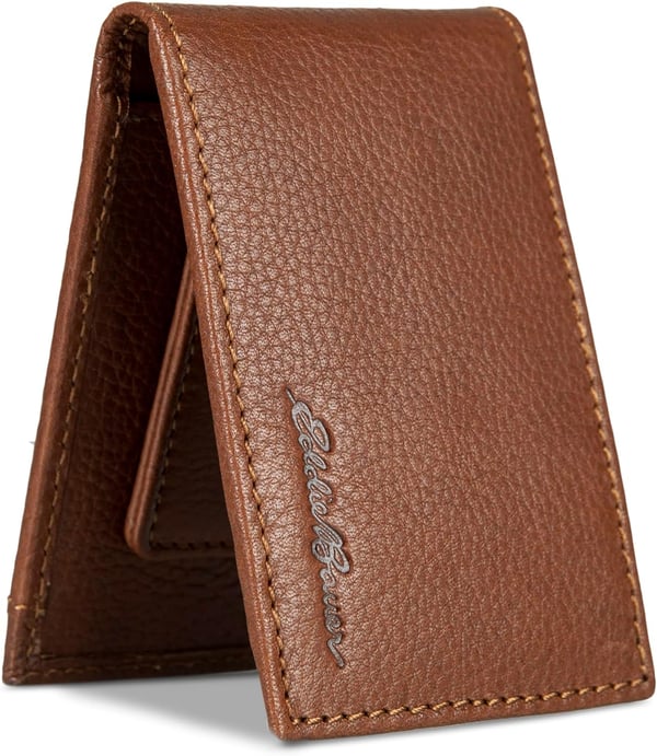 Eddie Bauer Mens Signature Logo Leather Bifold Money Clip Wallet with 3 Card Slots and RFID ProtectionTan