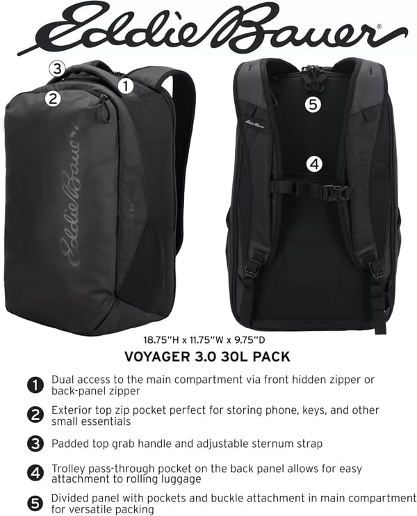 imageEddie Bauer Voyager BackpackTravel  Laptop WaterResistant  Commuter  Work Bag  Daypack Black 22LBlack