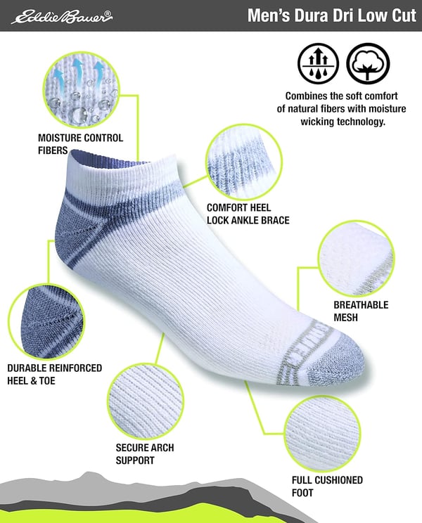 Eddie Bauer Mens Dura Dri Moisture Control 6Pair Low Cut SocksWhite 6 Pairs