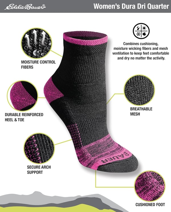 Eddie Bauer Womens Dura Dri Moisture Control 6Pair Quarter SocksBlack Assorted 6 Pairs