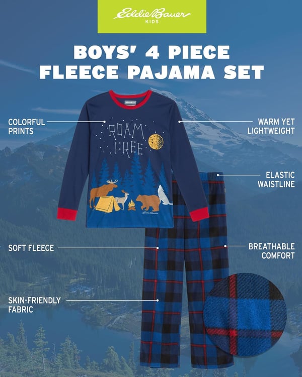 Eddie Bauer Boys Pajama Set  Cozy Fleece Winter Sleepwear Set  4 Piece Long Sleeve Shirt and Pants Sizes 512BlueGrey