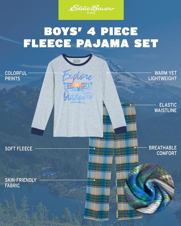 Eddie Bauer Boys Pajama Set  Cozy Fleece Winter Sleepwear Set  4 Piece Long Sleeve Shirt and Pants Sizes 512Grey