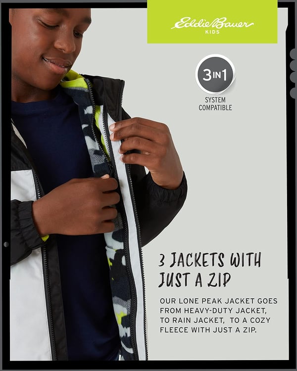 Eddie Bauer Boys Rain Jacket  Lone Peak Waterproof 3in1 Insulated Windbreaker Coat with Removable Fleece Lining 520Black