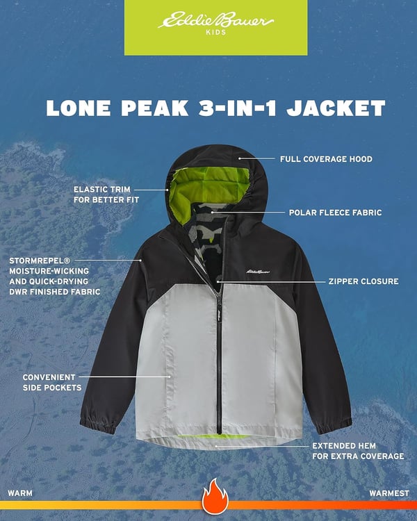 Eddie Bauer Boys Rain Jacket  Lone Peak Waterproof 3in1 Insulated Windbreaker Coat with Removable Fleece Lining 520Black