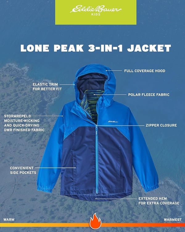 Eddie Bauer Boys Rain Jacket  Lone Peak Waterproof 3in1 Insulated Windbreaker Coat with Removable Fleece Lining 520Nautical Blue