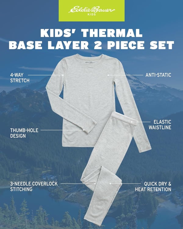 Eddie Bauer Boys and Girls Thermal Underwear Set  2 Piece Performance Base Layer Long Sleeve TShirt Top and Bottom 516Heather Grey