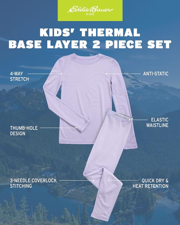 Eddie Bauer Boys and Girls Thermal Underwear Set  2 Piece Performance Base Layer Long Sleeve TShirt Top and Bottom 516Lavander