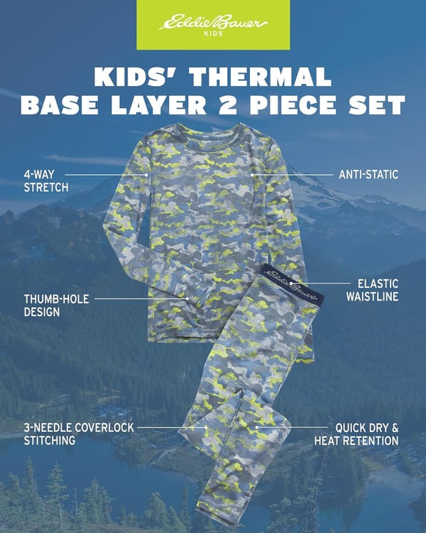 Eddie Bauer Boys and Girls Thermal Underwear Set  2 Piece Performance Base Layer Long Sleeve TShirt Top and Bottom 516Lime Green