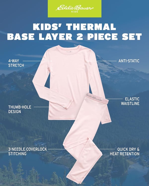 Eddie Bauer Boys and Girls Thermal Underwear Set  2 Piece Performance Base Layer Long Sleeve TShirt Top and Bottom 516Soft Pink