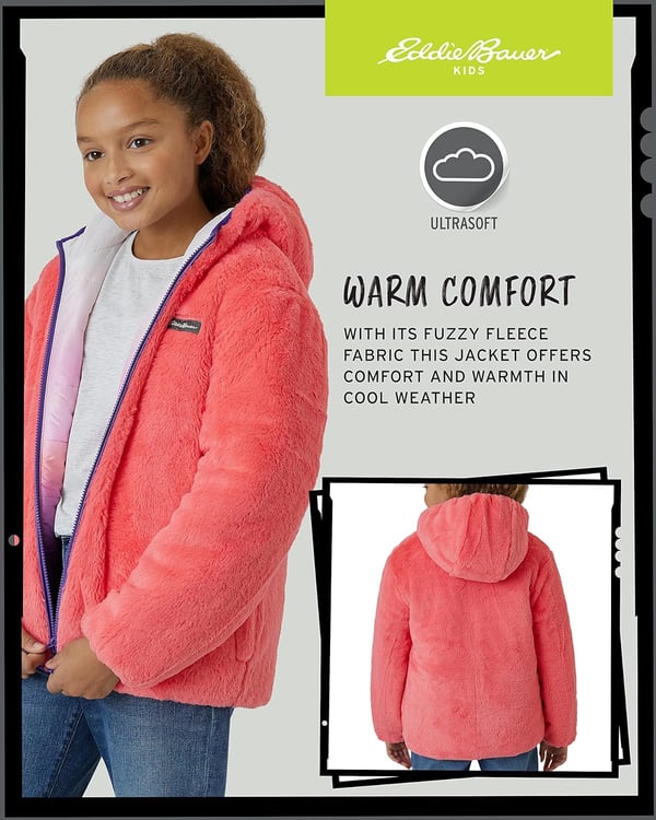 Eddie Bauer Girls Reversible Jacket  Deer Harbor Waterproof Lightweight Puffer Coat with Faux Shearling Lining 520Blush