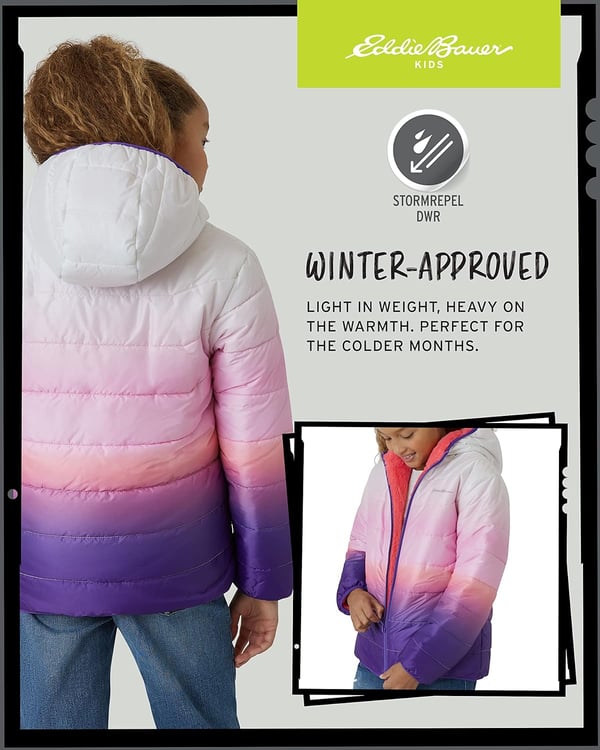 Eddie Bauer Girls Reversible Jacket  Deer Harbor Waterproof Lightweight Puffer Coat with Faux Shearling Lining 520Blush