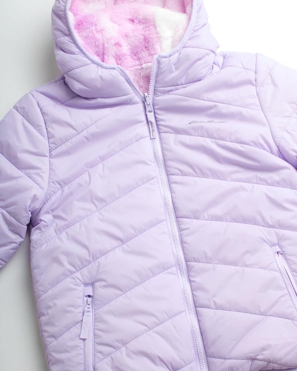 Eddie Bauer Girls Reversible Jacket  Deer Harbor Waterproof Lightweight Puffer Coat with Faux Shearling Lining 520Pastel Lilac