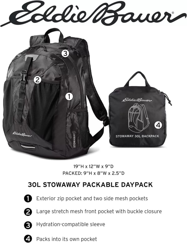 imageEddie Bauer Stowaway Packable BackpackMade from Ripstop Polyester Onyx 30LDark Smoke