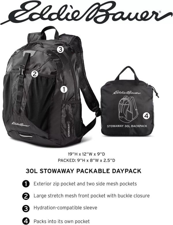 imageEddie Bauer Stowaway Packable BackpackMade from Ripstop Polyester Onyx 30LDeep Sea