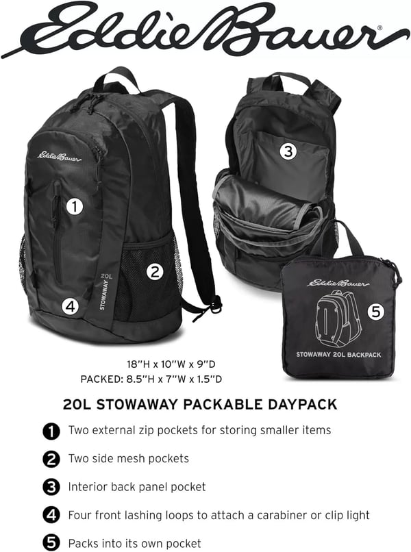 imageEddie Bauer Stowaway Packable BackpackMade from Ripstop Polyester Onyx 30LDark Smoke